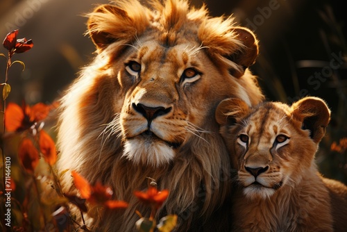 A majestic masai lion and her curious cub explore the lush outdoor landscape, their soft fur blending with the vibrant flowers and plants as they embody the fierce yet nurturing essence of the felida photo