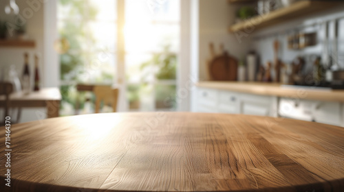 Empty beautiful round wood tabletop counter on interior in clean and bright kitchen background © wudu_8