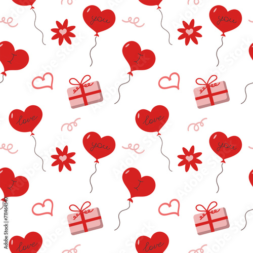 Lovely seamless pattern with hearts, flowers and confetti. Cute print for Valentines day. Vector illustration, hand drawn. We use this pattern for greeting cards, packing, invitation and scrapbooking.