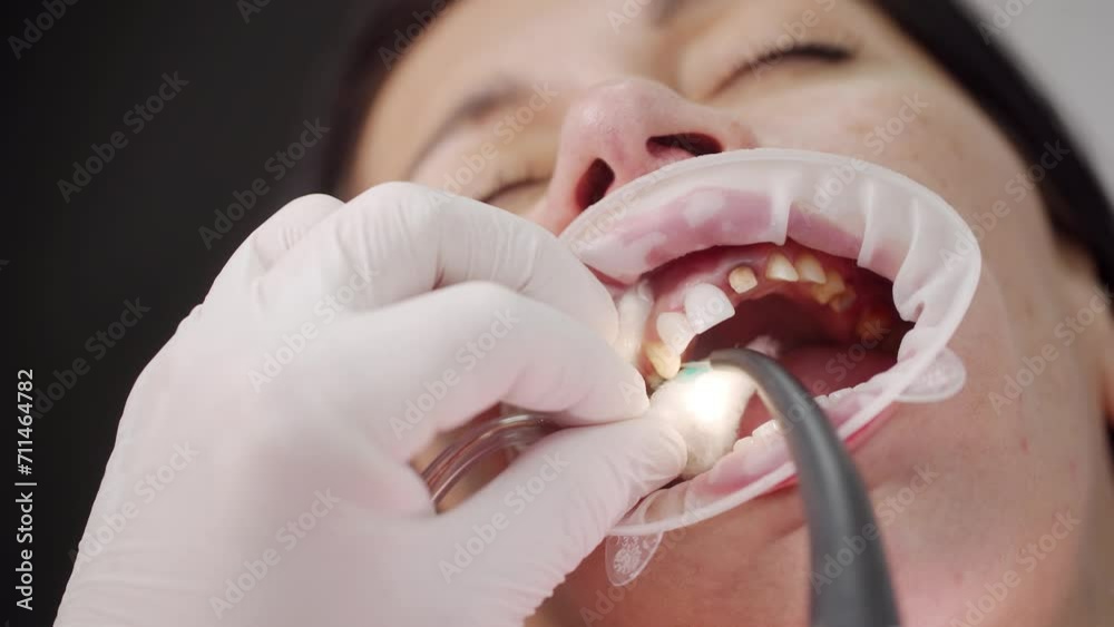 Vidéo Stock Closeup shot of washing off blue etching gel from tooth before installing porcelain
