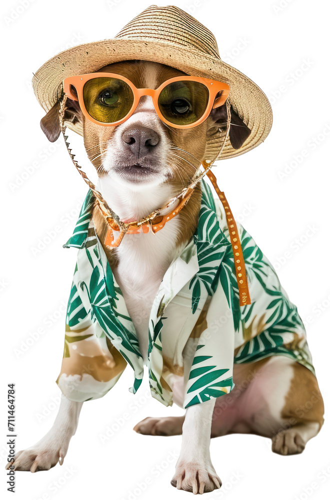 Dog wearing cool glasses and straw hat in colorful summer clothes illustration PNG element cut out transparent isolated on white background ,PNG file ,artwork graphic design.