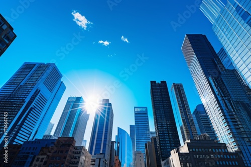  Urban skyline with skyscrapers reaching into a vibrant  deep blue city sky  Generative AI