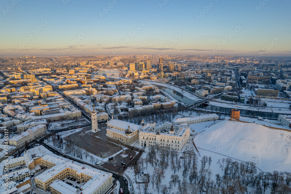 Aerial beautiful winter snowy sunrise view of Vilnius old town, Lithuania