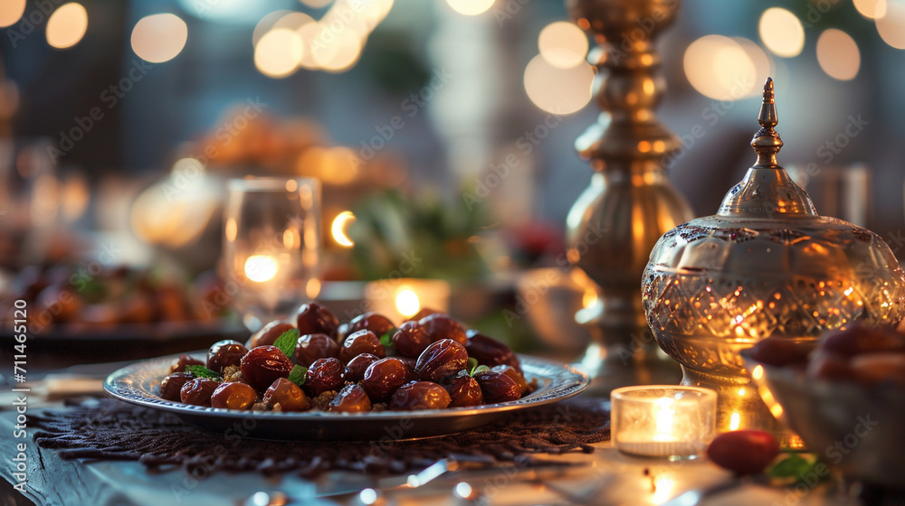 A beautifully set Iftar table with dates and traditional dishes, Ramadan, blurred background, with copy space