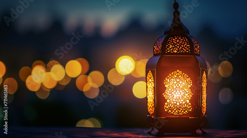 A close-up of a lit lantern (fanous) against a night sky, symbolizing Ramadan, Ramadan, blurred background, with copy space