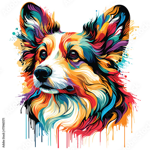 Vector Abstract head of welsh corgi pembroke from multicolored paints colored drawing