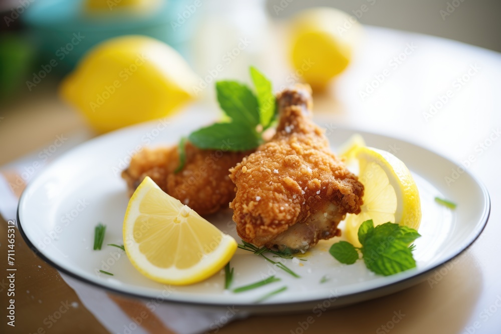 homemade fried chicken with lemon wedges homemade fried chicken with lemon wedges