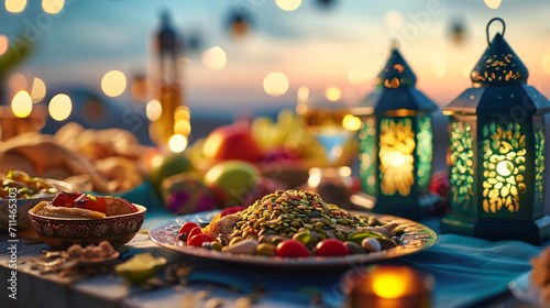 A traditional Suhoor meal before dawn with healthy foods, Ramadan, blurred background, with copy space