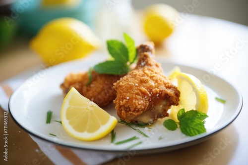 homemade fried chicken with lemon wedges