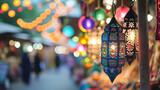 A vibrant Ramadan bazaar with festive decorations and food stalls, Ramadan, blurred background, with copy space