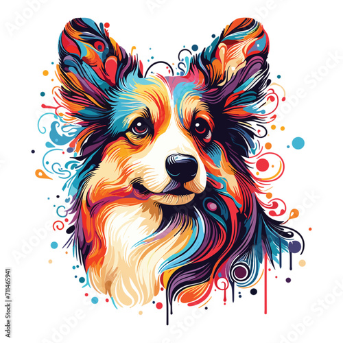Vector Abstract head of welsh corgi pembroke from multicolored paints colored drawing