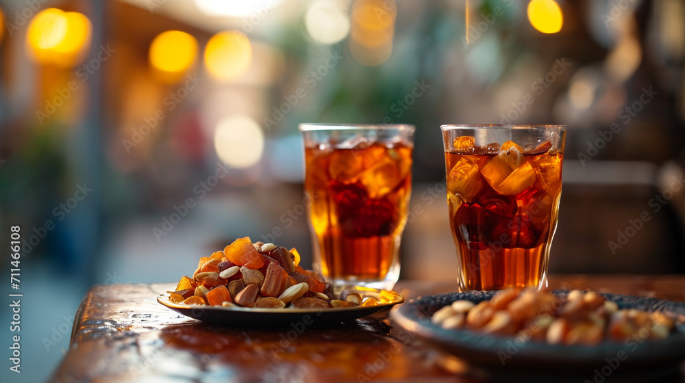A close-up of traditional Ramadan drinks like jallab or qamar al-din, Ramadan, blurred background, with copy space A close-up of traditional Ramadan drinks like jallab or qamar al-din, Ramadan, blurred background, with copy space