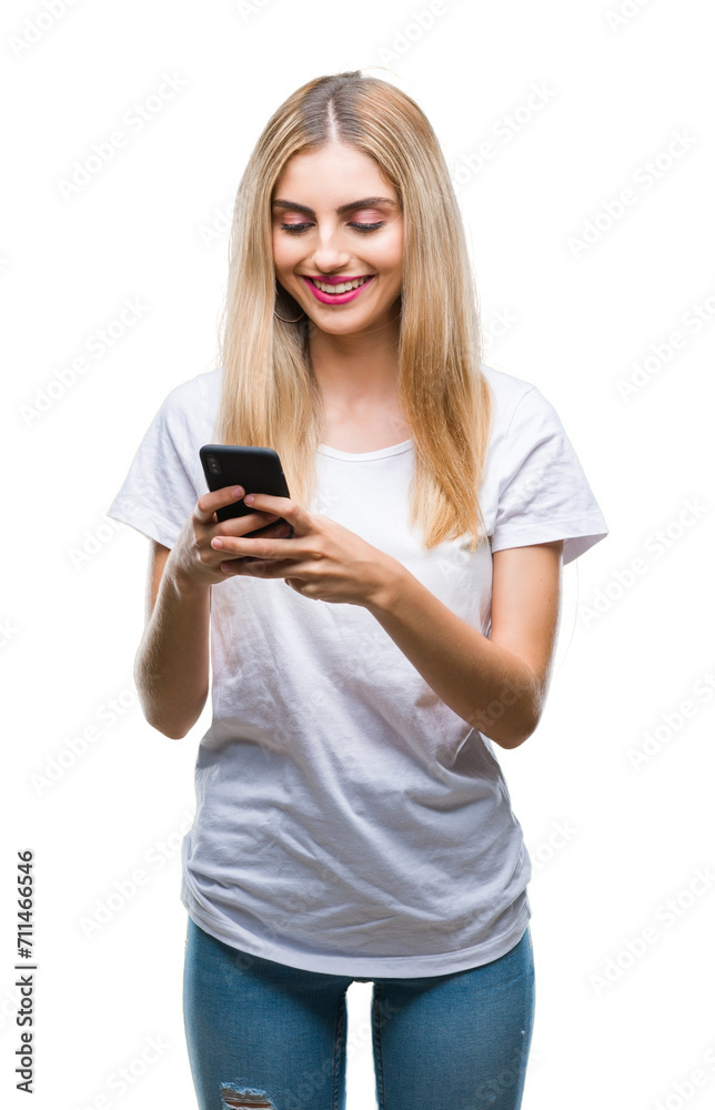 Young beautiful blonde woman using smartphone over isolated background with a happy face standing and smiling with a confident smile showing teeth Young beautiful blonde woman using smartphone over isolated background with a happy face standing and smiling with a confident smile showing teeth
