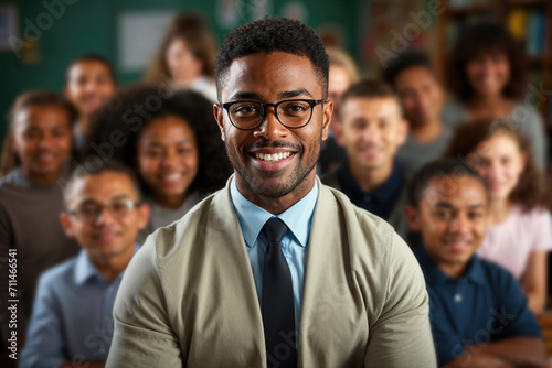 Generative AI illustration of smiling black male teacher in glasses with a group of high school students in the background photo