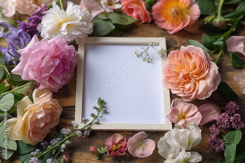Generative AI illustration of blank white frame surrounded by a delicate collection of colorful flowers and leaves on a wooden surface photo