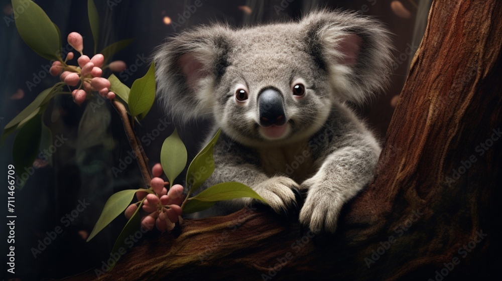 Fototapeta premium An intricately detailed portrayal of a baby koala clinging to a eucalyptus branch, its fuzzy fur and cuddly appearance - Generative AI