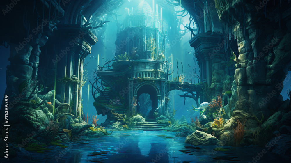 Underwater ancient city in the depths of the ocean - obrazy, fototapety, plakaty 