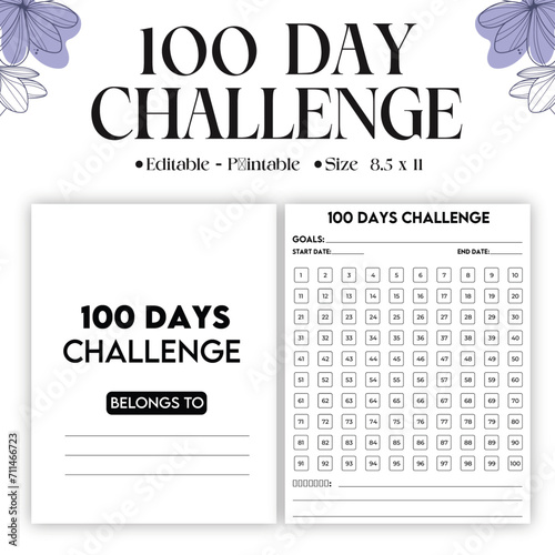 100 day challenge planner sheets daily tracker with motivation word and goals. simple and clean minimalist planner printable 100 Days Habit Tracker 