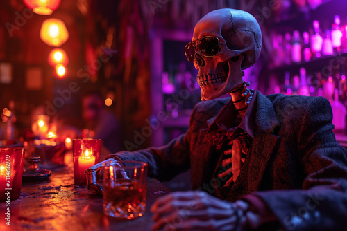 Skeleton in suit enjoying a drink at moody bar Generative AI image photo
