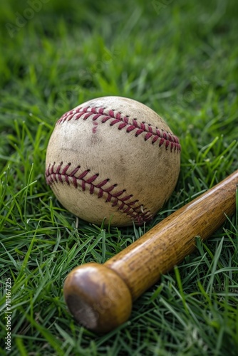 Baseball bat and ball on the grass of a field, sports and leisure concept.