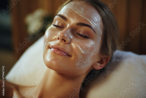 Serene woman enjoying a calming facial treatment Generative AI image photo