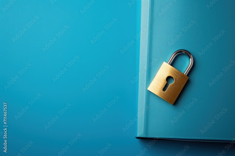 File folder with padlock on blue background, data security concept. File folder with padlock on blue background, data security concept.