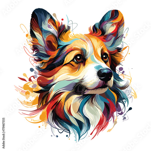 Vector Abstract head of welsh corgi pembroke from multicolored paints colored drawing