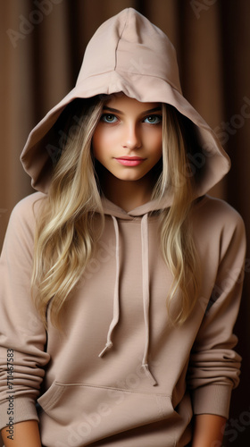 Halloween Chic: Young Girl in Beige Hoodie with Witch Hat