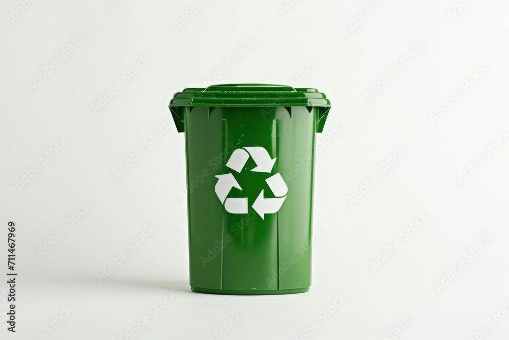 Green trash can with recycling symbol, concept of environmental preservation and Earth Day. Green trash can with recycling symbol, concept of environmental preservation and Earth Day.