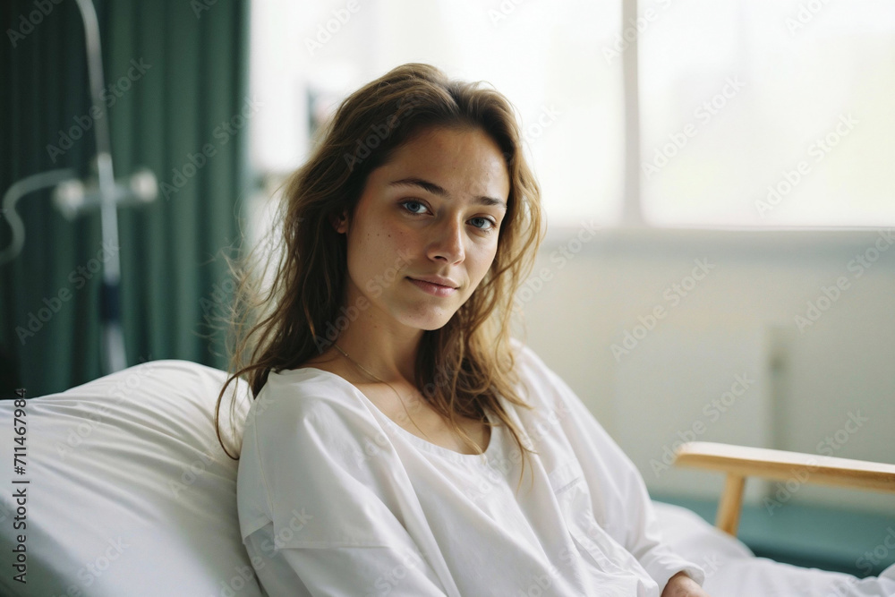 Generative AI image of a contemplative woman sitting in a hospital bed, with a curtain and medical equipment in the background, reflecting a moment of calm Generative AI image of a contemplative woman sitting in a hospital bed, with a curtain and medical equipment in the background, reflecting a moment of calm