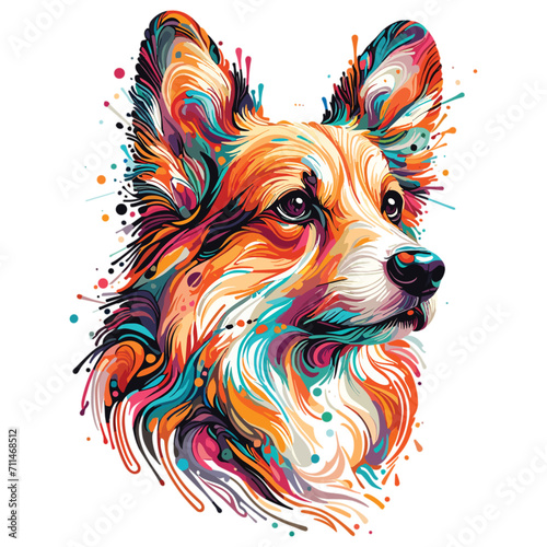 Vector Abstract head of welsh corgi pembroke from multicolored paints colored drawing