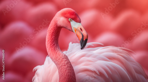 Generative AI illustration of close-up of vibrant pink flamingo against a soft focus background of similar shades photo