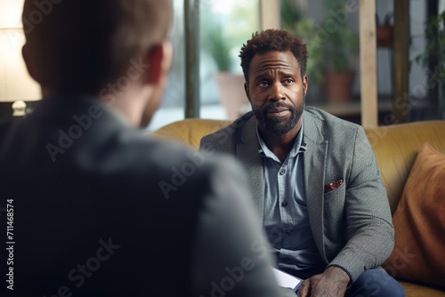 African man having psychology session at mental health office.