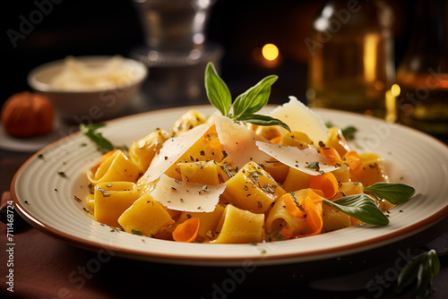 Generative AI image of butternut squash pasta garnished with basil leaves and shaved Parmesan cheese on a white plate with a dark background photo
