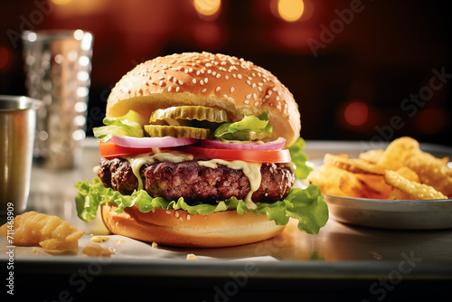 Generative AI image of a classic cheeseburger with a beef patty, cheddar cheese, lettuce, tomato, onion, pickles, and sesame bun, served with fries and a metal cup in the background photo