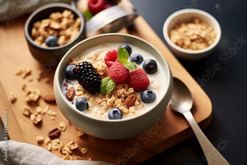 Generative AI image of oatmeal topped with fresh blueberries, raspberries, blackberries, pecans, and a sprig of mint, served in a bowl with granola on the side photo