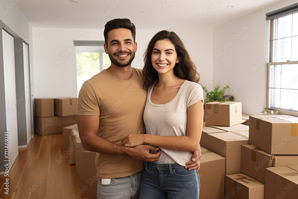 Young couple with boxes moving in new flat, new home and relocation concept. Young couple with boxes moving in new flat, new home and relocation concept.