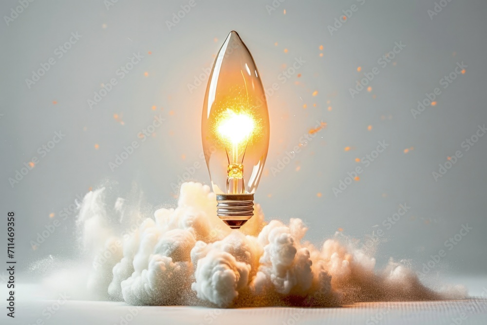Light bulb taking off like rocket on white background, startup and business concept. - obrazy, fototapety, plakaty 