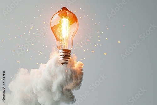 Light bulb taking off like rocket on white background, startup and business concept. photo
