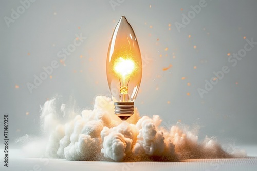 Light bulb taking off like rocket on white background, startup and business concept. photo