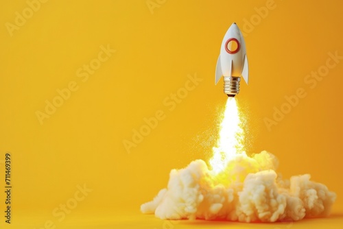 Light bulb taking off like rocket on yellow background  startup and business concept.