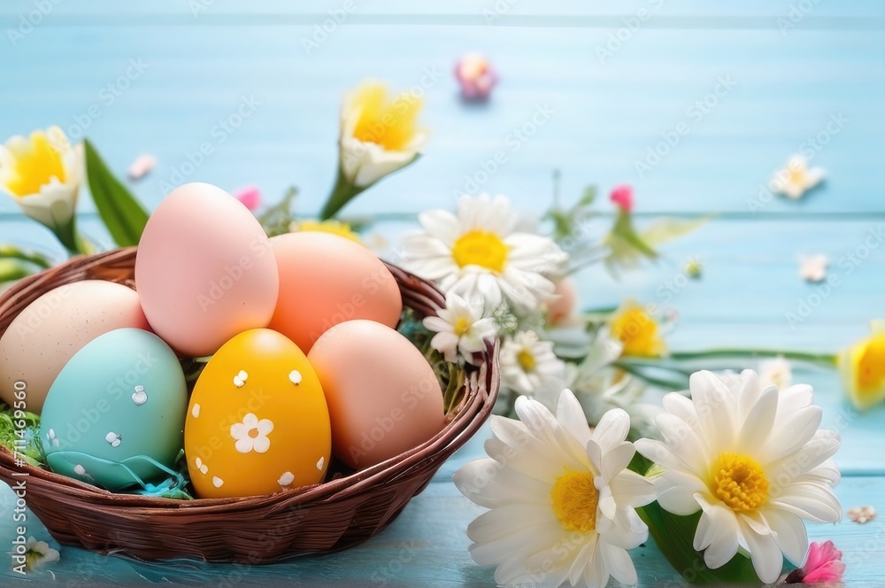 Colorful easter eggs in basket with multi colors Happy Easter background, Background with copy space.