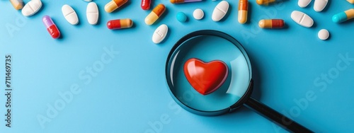 Magnifying glass with heart and medicines, concept of health and medical care. photo