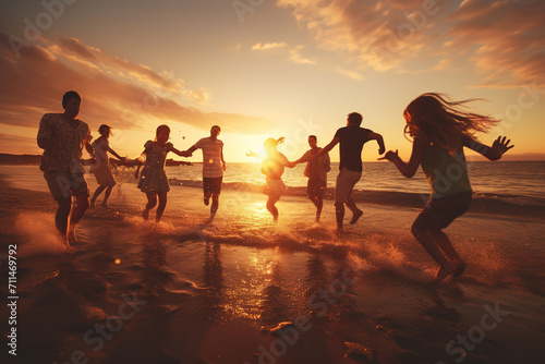 Family friends having fun on the beach at sunset. Fathers, mothers, children and uncles playing together. Love, relationship, party and celebrating concept.