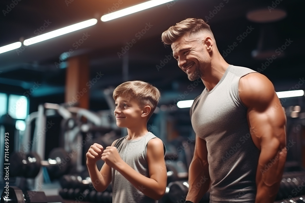 Father and his teenager son training together in gym. Fitness, sports, active lifestyle.