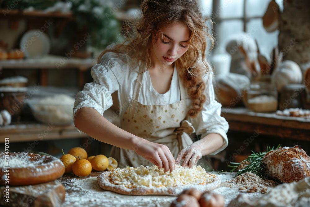 Young slim curly woman in old-fashioned dress and apron makes, cooks, big pizza шт рук kitchen in village, countryside house, cottage