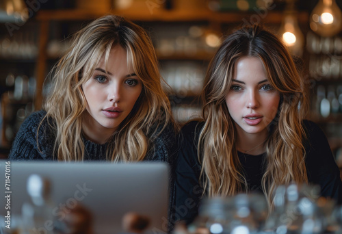 Two young blonde curly women, teens in casual clothing sits working, using laptop