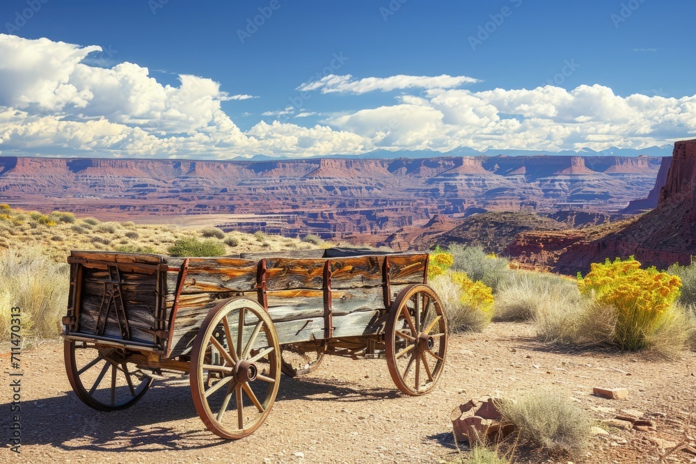 Old west wooden wagon, landscape with canyons and desert, western concept.