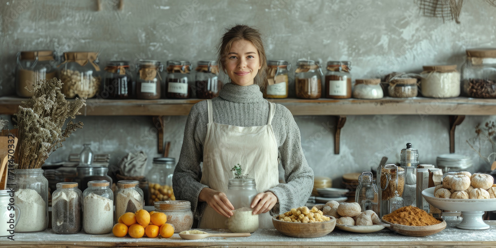 Young smiling woman in knitted sweater and apron stands at table in kitchen ready to cook bakery products, holding big pot of flour or curd Young smiling woman in knitted sweater and apron stands at table in kitchen ready to cook bakery products, holding big pot of flour or curd