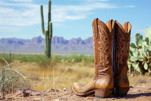 Landscape with cowboy boots and desert with cacti in the background.